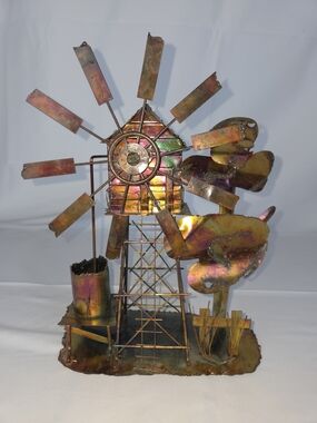 Music Box..Iridescent Multicolor Metal Windmill Sculpture